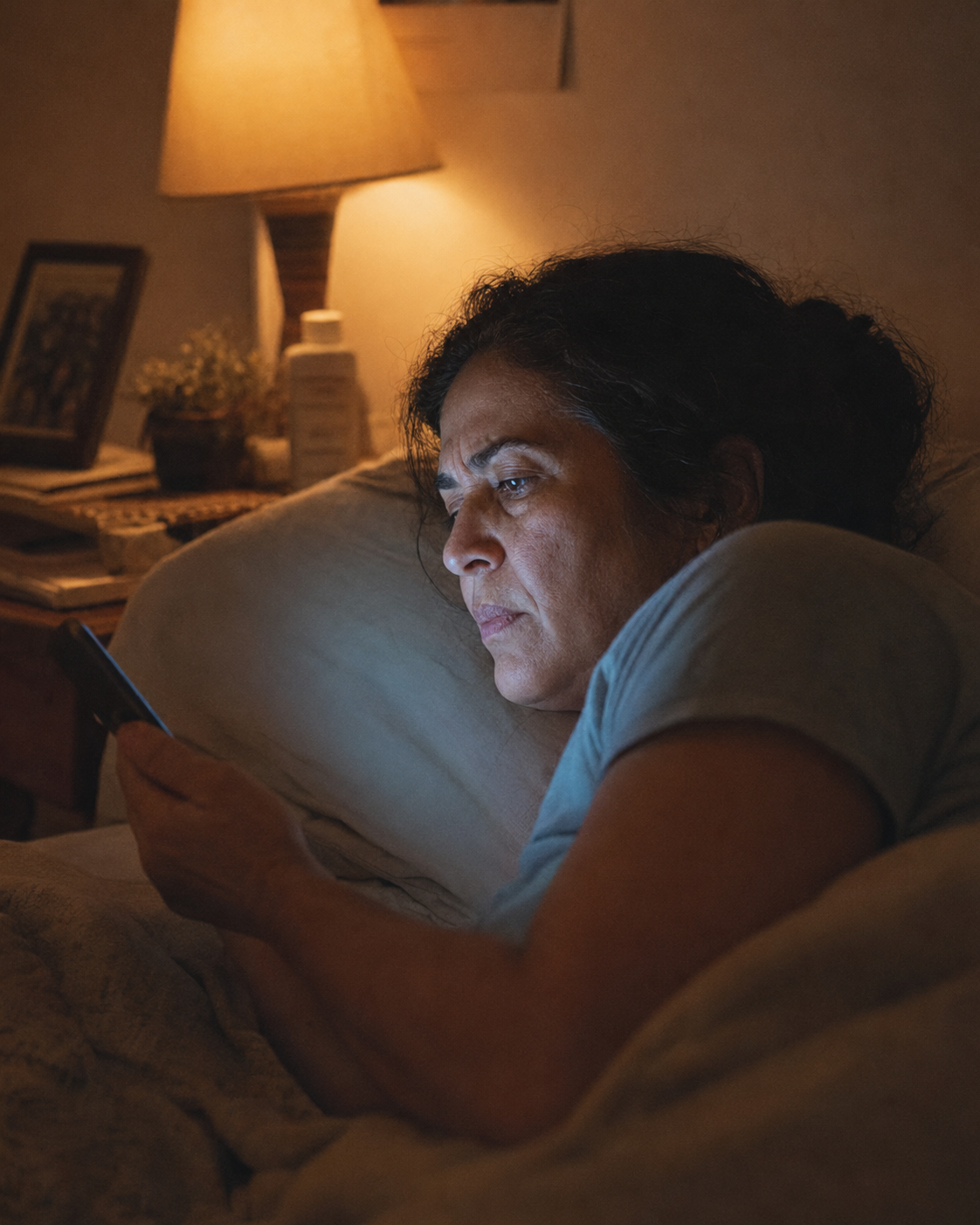Mulher 44, deitada na cama à noite, rosto iluminado pela tela do celular, expressão de preocupação contida.