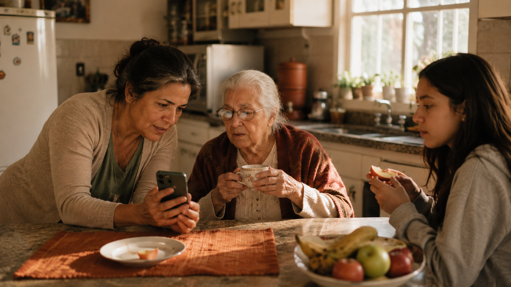 Três gerações na cozinha — filha 45, mãe 78 e neta 16. A filha mostra algo no celular pra mãe, neta de fundo comendo fruta. Tarde, luz natural.